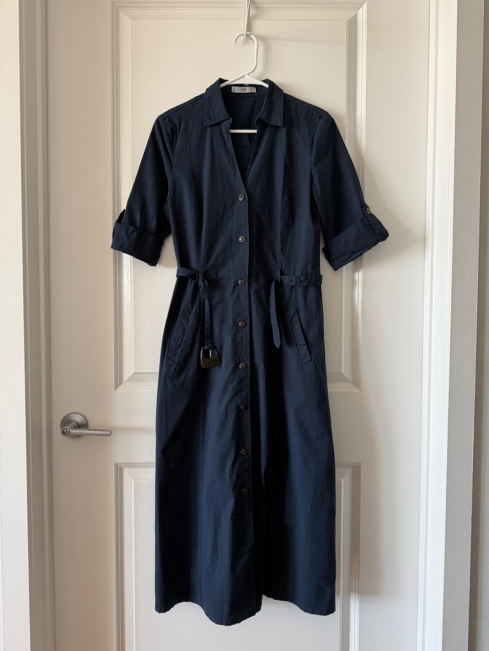 Navy Button-Front Midi Shirt Dress with Waist Tie